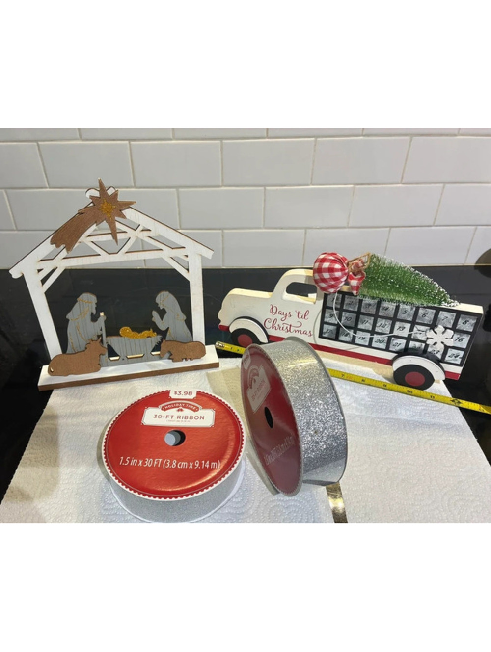 Christmas Holiday Decorative Set with Nativity Scene, Vintage Truck, and Silver